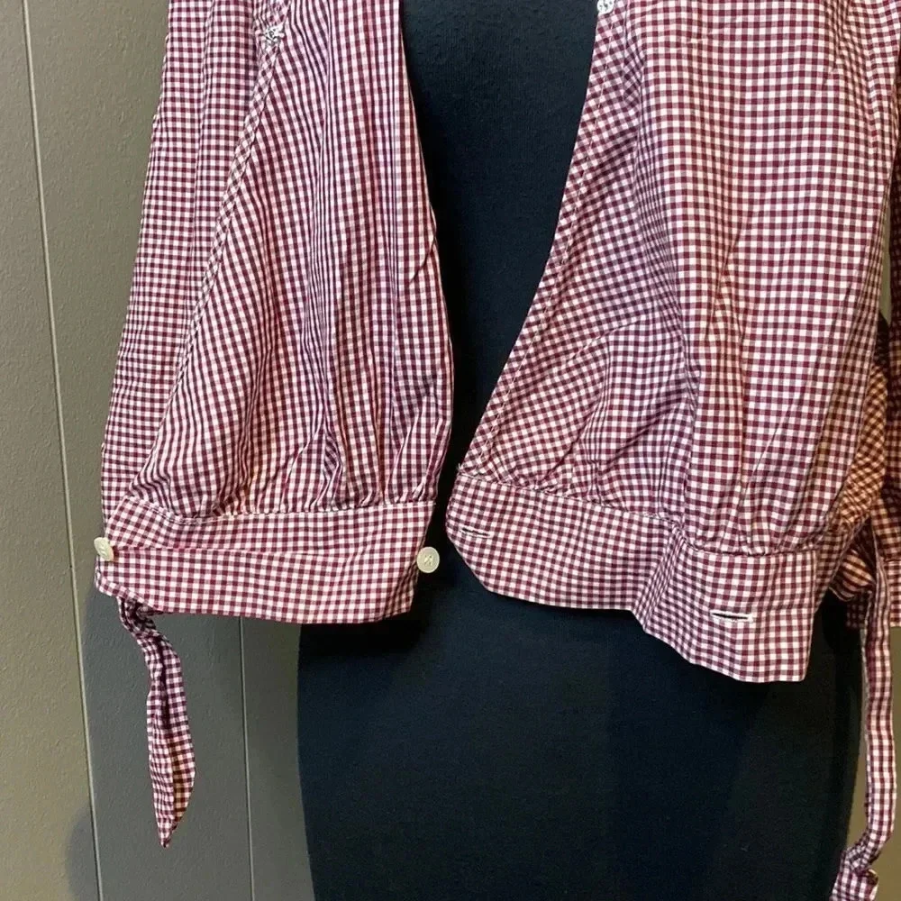 Madewell Small Red Gingham Check Wrap Top Tie Waist 3/4 Sleeves V-Neck - Picture 7 of 9